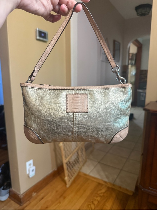 Coach Handbags - Coach Metallic Gold Leather Wristlet with Tan Trim